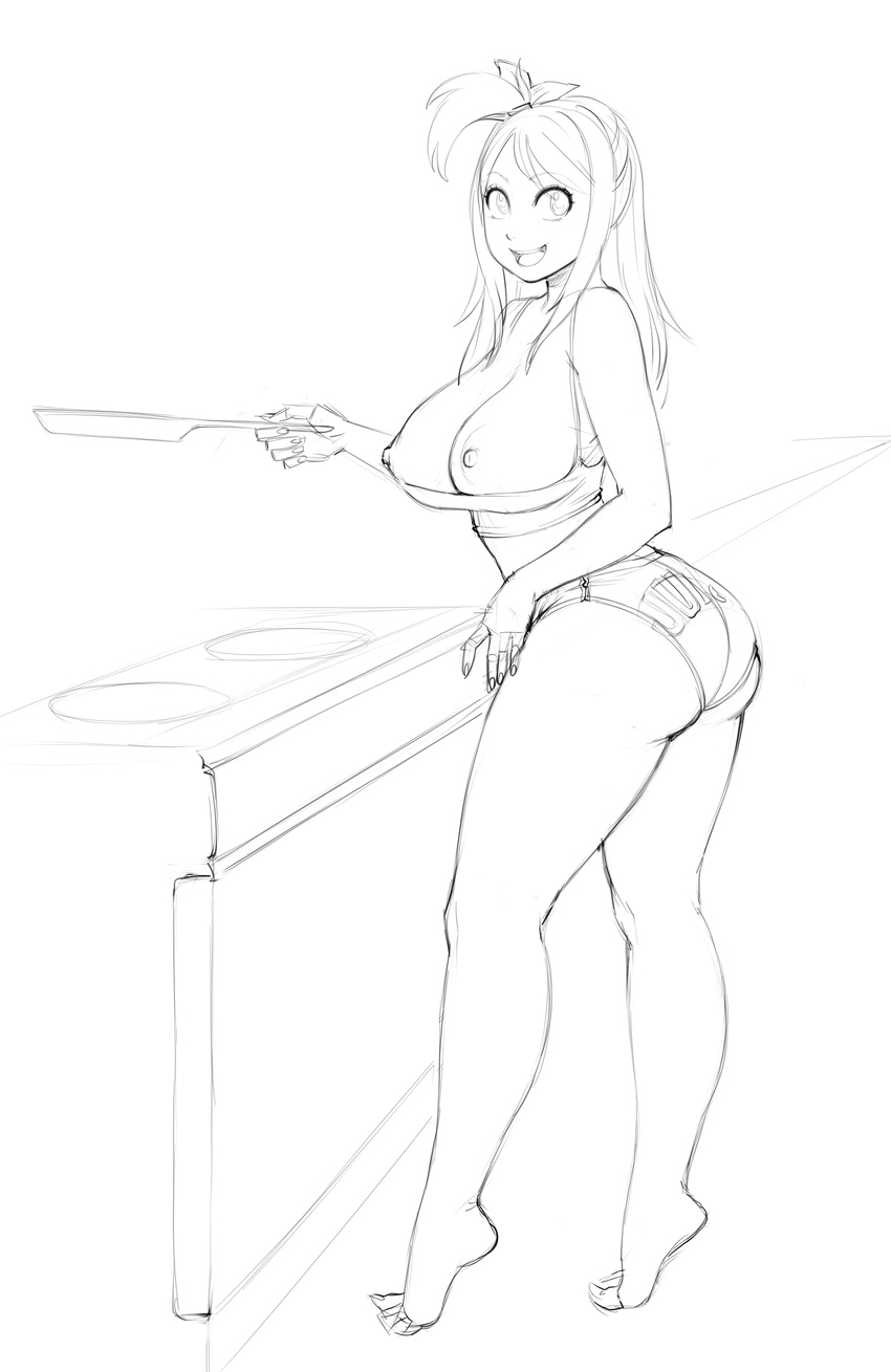 absurdres areolae ass barefoot breasts cooking crop_top curvy fairy_tail frying_pan greyscale highres large_breasts lineart lm_(legoman) long_hair long_legs lucy_heartfilia midriff monochrome nipples one_side_up short_shorts shorts solo thick_thighs thighs tiptoes wide_hips