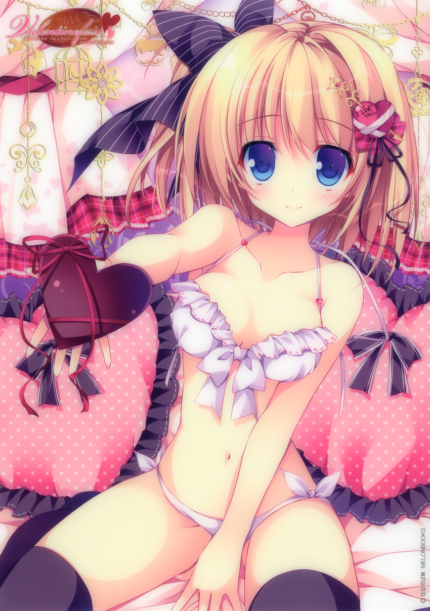 absurdres arm_support bikini black_legwear blonde_hair blue_eyes bow breasts chocolate chocolate_heart fingernails food frilled_bikini frills hair_bow hair_ornament halterneck heart heart_pillow highres lemon-chan looking_at_viewer medium_breasts melonbooks nanaroba_hana navel outstretched_arm pillow short_hair side-tie_bikini sitting skindentation smile solo swimsuit thighhighs valentine white_bikini