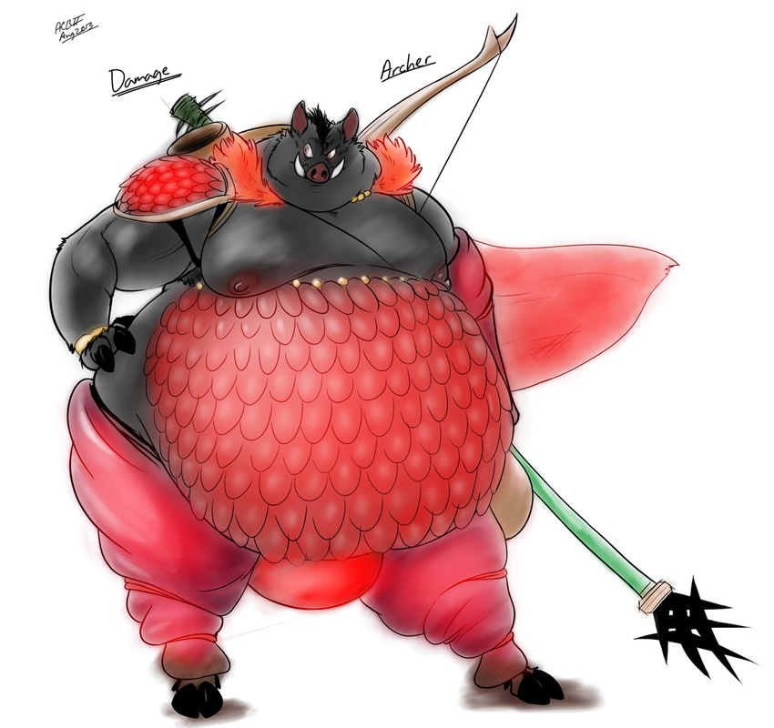 archer armor balls bangle big_balls big_belly boar bow cape chubby fur leggings legwear male mammal moobs nipples obese overweight polearm porcine riis scalemail solo spear thong