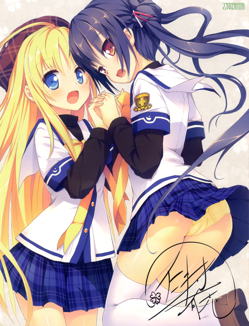 :d absurdres blonde_hair blue_eyes brown_eyes clover_days hat highres holding_hands long_sleeves multiple_girls nimura_yuuji open_mouth panties pantyshot purple_hair school_uniform siblings signature sisters skirt smile takakura_anri takakura_anzu thighhighs underwear white_legwear yellow_panties