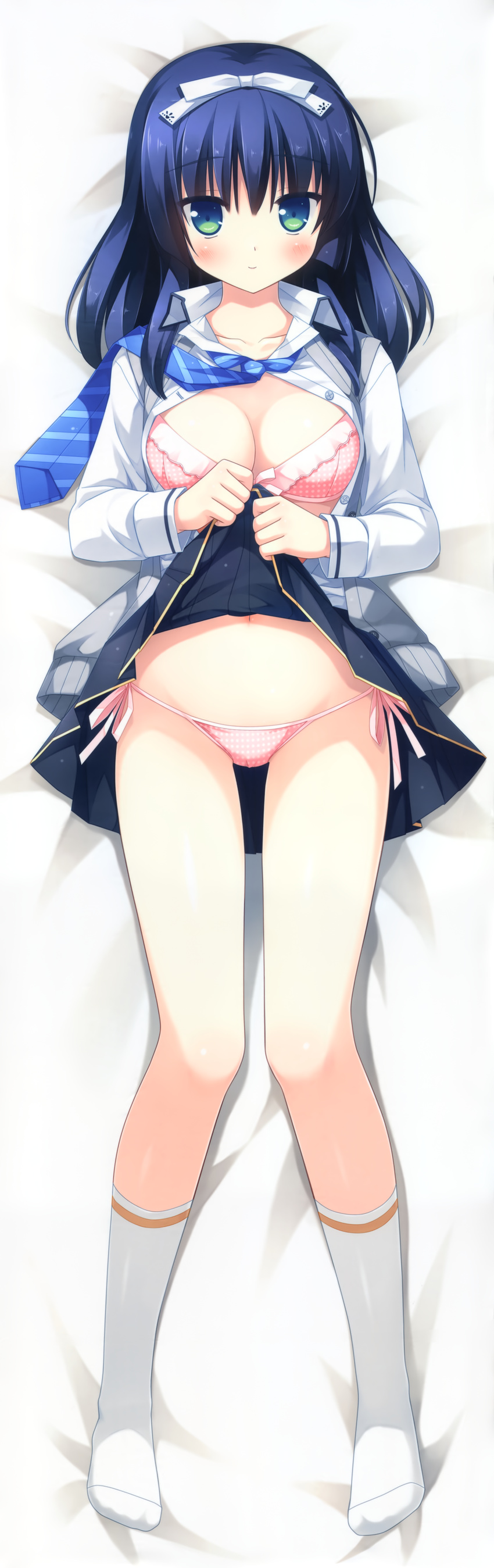 absurdres blue_hair bow bow_bra bra breasts cleavage dakimakura full_body green_eyes highres huge_filesize kanekiyo_miwa kurano_kun_chi_no_futago_jijou kurano_yae lying medium_breasts necktie on_back open_clothes panties pink_bra pink_panties polka_dot polka_dot_bra polka_dot_panties school_uniform side-tie_panties skirt skirt_lift smile socks solo string_panties underwear white_legwear