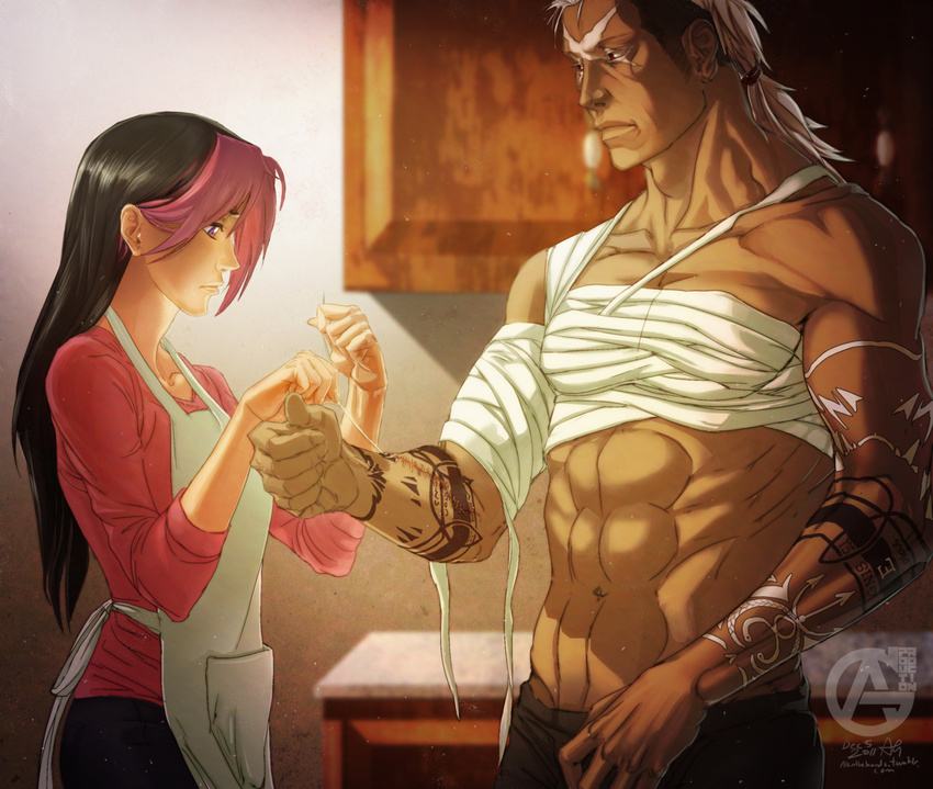 1girl abs apron bandages bangs dark_skin fullmetal_alchemist multicolored_hair muscle needle ponytail purple_eyes red_eyes redchinese rose_tomas scar scar_(fma) stitching tattoo watermark