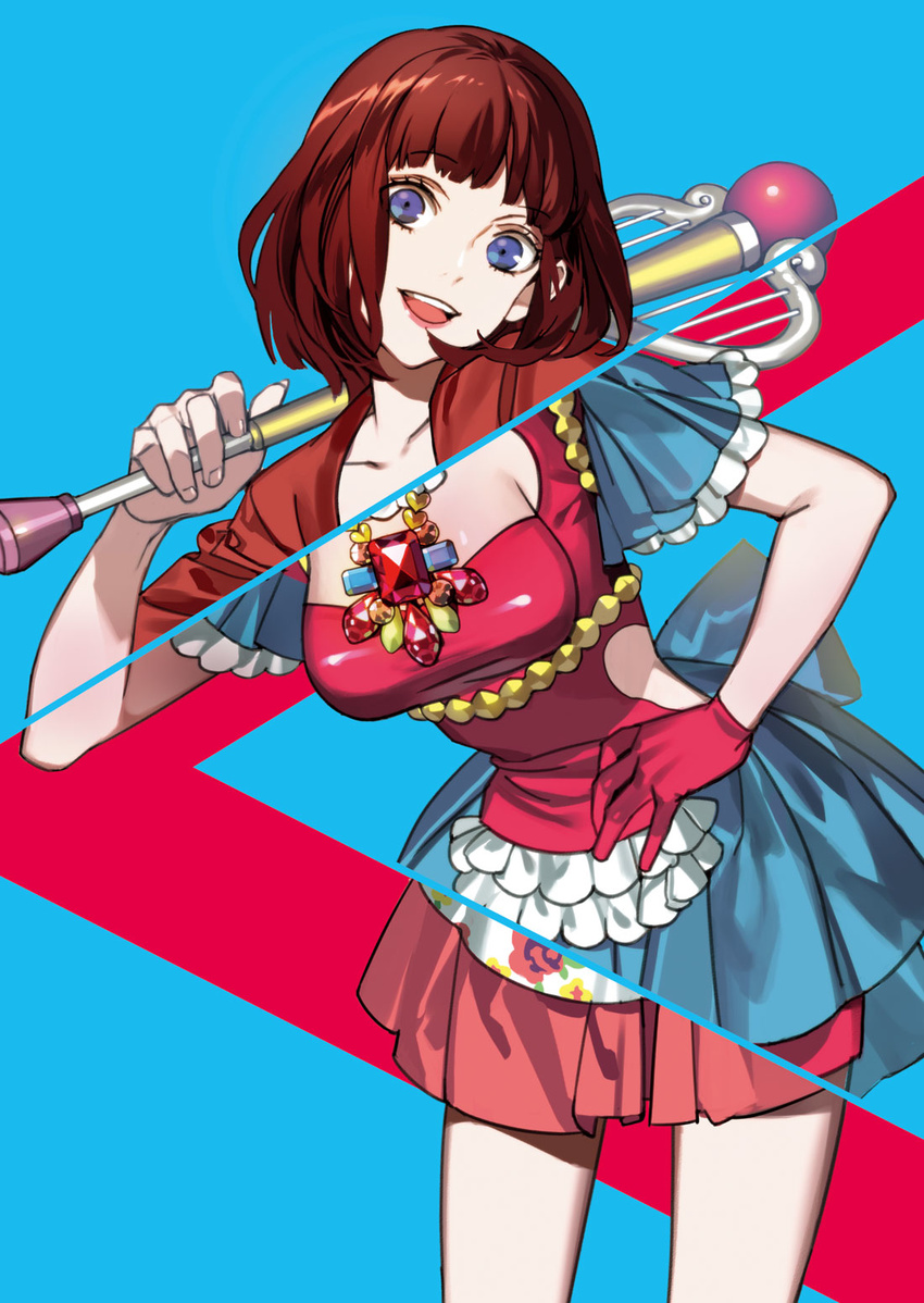 bangs blue_eyes blunt_bangs breasts brown_hair dress frills gloves hand_on_hip highres jewelry kurahana_chinatsu lips medium_breasts misawa_mizuki official_art parody revealing_cutout samurai_flamenco short_hair single_glove smile solo thighs