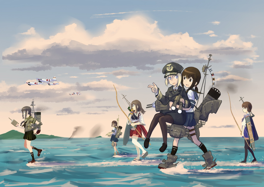 absurdres aircraft airplane akagi_(kantai_collection) blush bow_(weapon) carrying erica_(naze1940) female_admiral_(kantai_collection) fubuki_(kantai_collection) highres isonami_(kantai_collection) kaga_(kantai_collection) kantai_collection kitakami_(kantai_collection) kriegsmarine long_hair multiple_girls muneate ocean open_mouth pantyhose pleated_skirt school_uniform serafuku short_hair skirt smile thighhighs weapon