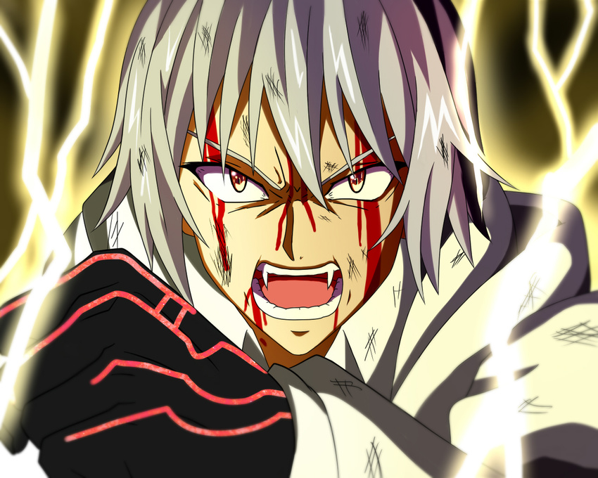 akatsuki_kojo blood fangs hood hoodie lightning male male_focus red_eyes silver_hair solo strike_the_blood vampire