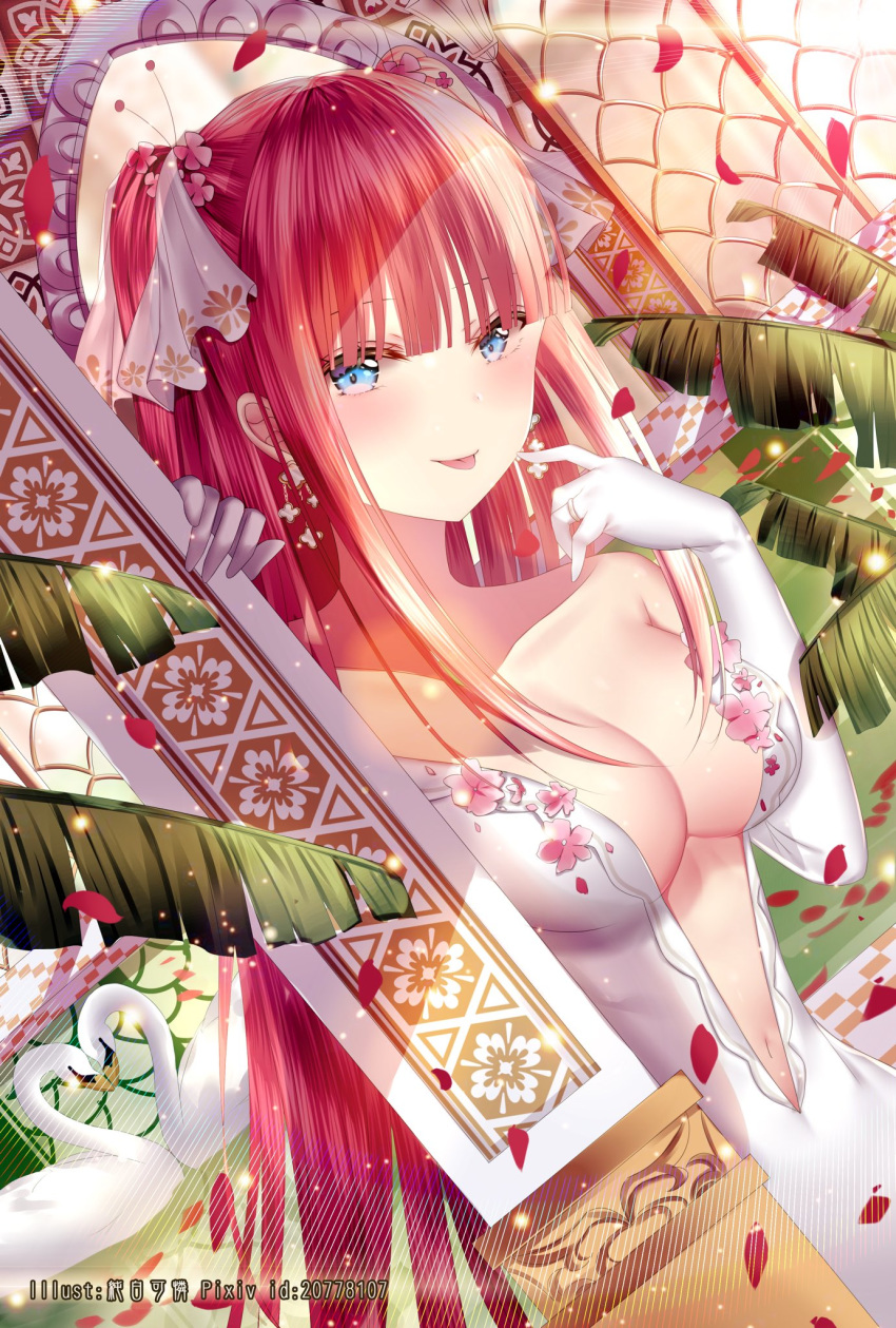 1girl artist_name bangs bare_shoulders bird blue_eyes blush bouquet breasts bridal_veil bride center_opening cleavage collarbone dress dutch_angle earrings elbow_gloves flower gloves go-toubun_no_hanayome hair_ornament hair_ribbon hand_up highres jewelry junpaku_karen large_breasts lens_flare light_particles long_hair looking_at_viewer nakano_nino navel pink_hair pixiv_id red_hair ribbon ring shade sidelocks smile solo strapless strapless_dress swan tongue tongue_out veil wedding_band wedding_dress white_dress white_gloves