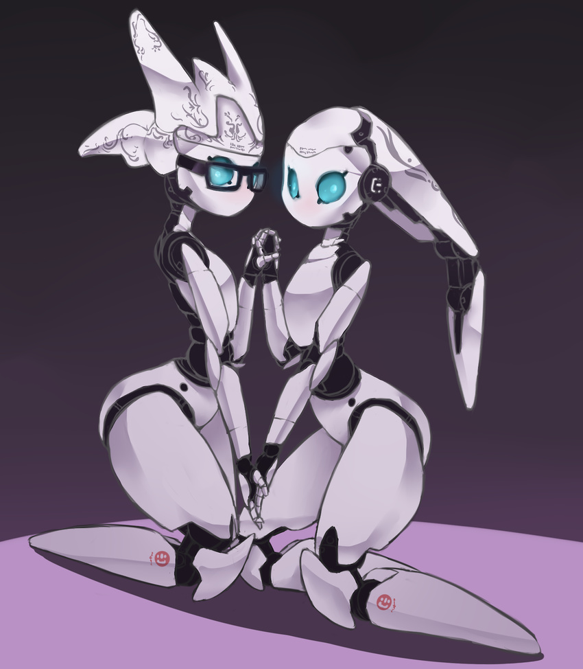 2girls aqua_eyes character_request drossel_von_flugel fireball_(series) fruitblood_milkshake fruitbloodmilkshake glasses hand_holding highres holding_hands interlocked_fingers kneeling multiple_girls no_feet no_mouth robot robot_girl robot_joints white_skin