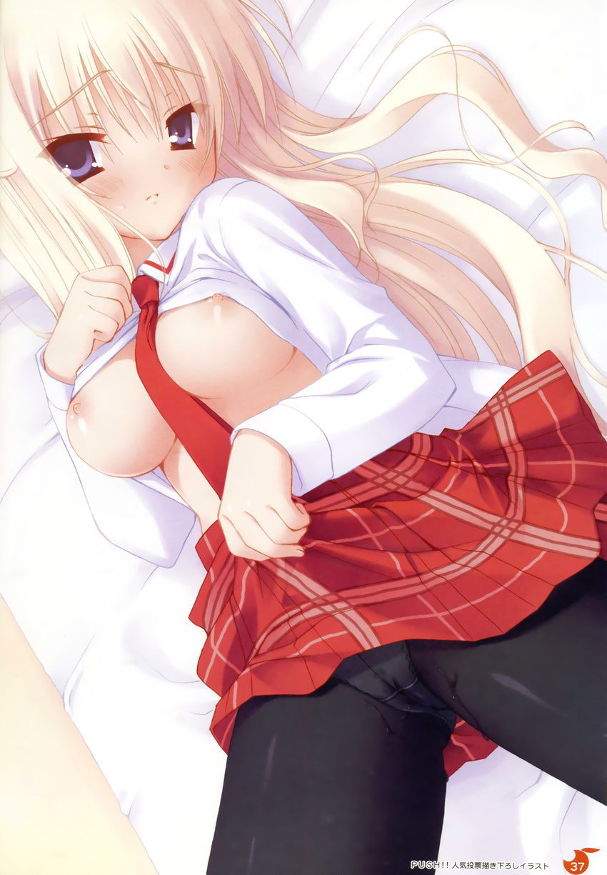 1girl absurdres artbook bed between_breasts black_legwear black_panties blonde_hair blue_eyes blush bra-ban! breasts cameltoe clenched_hand dutch_angle embarrassed female hair_between_eyes hands hibarigaoka_yuki highres indoors long_hair long_sleeves looking_at_viewer lying muririn necktie nipples no_bra on_back panties panties_under_pantyhose pantyhose photoshop plaid plaid_skirt pussy_juice school_uniform shiny shiny_skin shirt shirt_lift shy skirt skirt_lift solo thigh_gap underwear uniform upskirt wavy_hair wet wet_clothes wet_panties white_shirt yuzu-soft