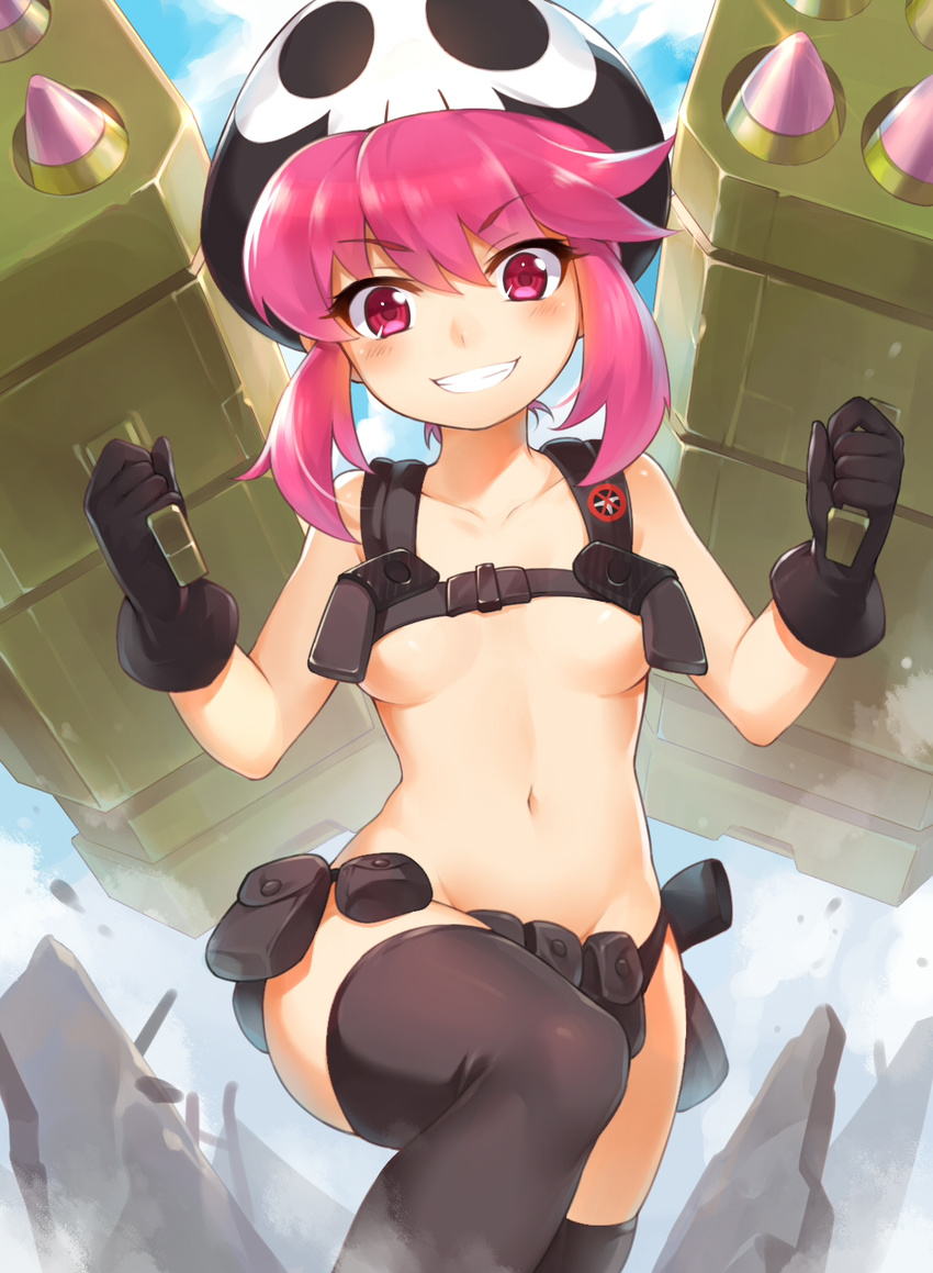 belt black_gloves black_legwear blush breasts collarbone day gloves grin hat highres holster jakuzure_nonon kill_la_kill looking_at_viewer medium_breasts multishot_rocket_launcher naked_belt navel nude nudist_beach_uniform outdoors pink_eyes pink_hair rocket_launcher short_hair shoulder_holster sidelocks skull_print smile solo spoilers suika01 thighhighs underboob utility_belt weapon