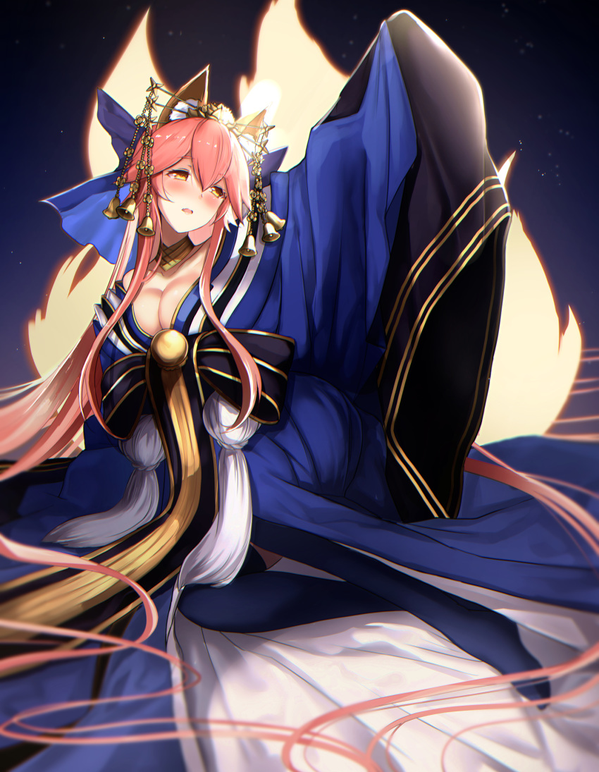 1girl animal_ear_fluff animal_ears arm_up bangs bare_shoulders bell blue_kimono blue_legwear blush bow breasts choker cleavage detached_sleeves fate/extra fate_(series) fox_ears fox_tail hair_bow hair_ornament hair_ribbon highres japanese_clothes kimono large_breasts long_hair looking_away multiple_tails obi open_mouth pink_hair ribbon sash sidelocks sitting solo tail tamamo_(fate)_(all) tamamo_no_mae_(fate) thighhighs twintails untsue wide_sleeves yellow_eyes yokozuwari