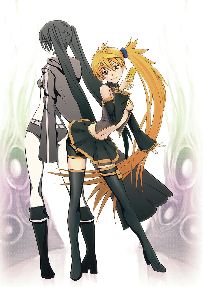 akita_neru back black_hair black_rock_shooter black_rock_shooter_(character) blonde_hair breasts detached_sleeves highres legs long_hair medium_breasts motsu_rebaa multiple_girls navel side_ponytail sideboob thigh_strap thighhighs twintails very_long_hair vocaloid zettai_ryouiki