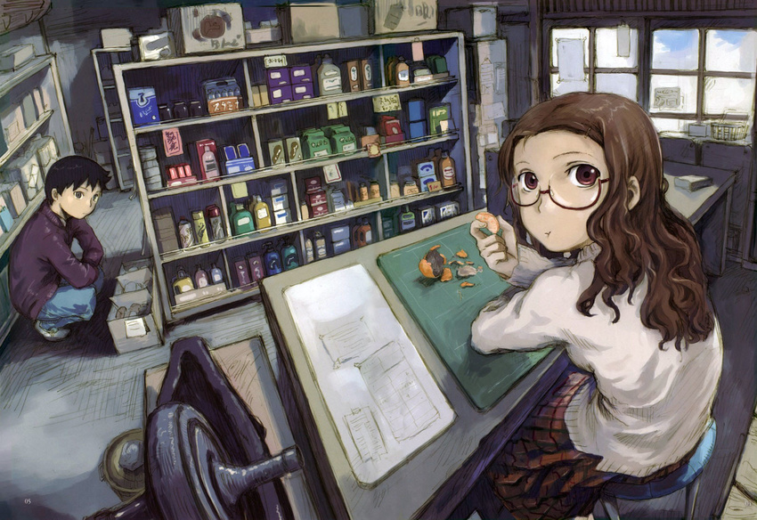 1girl abe_yoshitoshi blue_pants bottle box brown_hair cardboard_box character_request day dutch_angle eating food fruit glasses highres indoors long_sleeves mandarin_orange official_art pants pharmacy plaid plaid_skirt pochiyama-san red_eyes red_skirt shelf sitting skirt sky squatting sweater white_sweater window yagen_(tool) yakkyoku_no_pochiyama-san