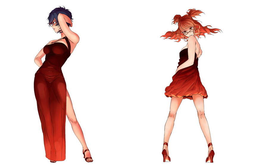 bare_legs bare_shoulders blue_hair breasts dress glasses hand_behind_head hand_on_hip hei_jin high_heels kujikawa_rise large_breasts looking_back multiple_girls orange_hair persona persona_4 red_dress red_hair red_skirt see-through_silhouette shirogane_naoto shoes short_hair skirt twintails