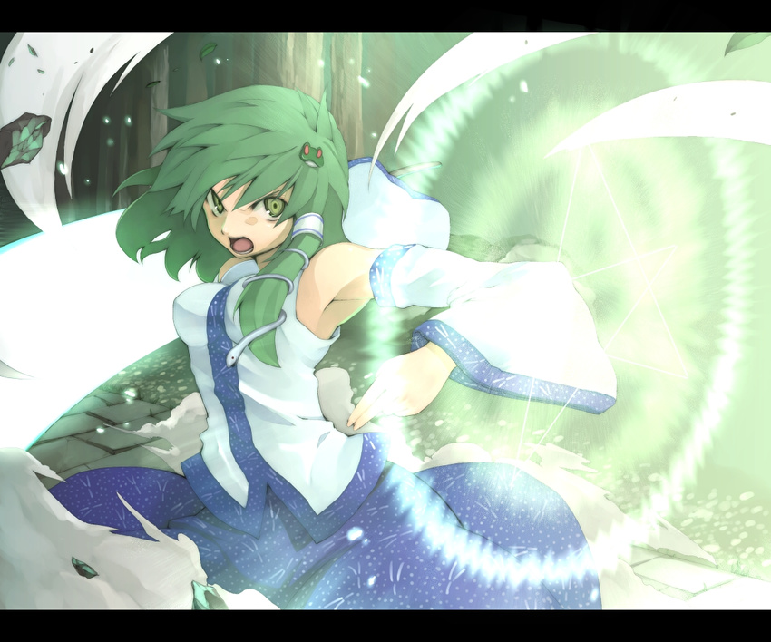angry armpits bare_shoulders battle detached_sleeves energy_weapon fighting_stance glowing green_eyes green_hair hair_ornament hairpin kochiya_sanae leaf letterboxed long_hair magic magic_circle morino_hon open_mouth pentagram solo sword touhou weapon