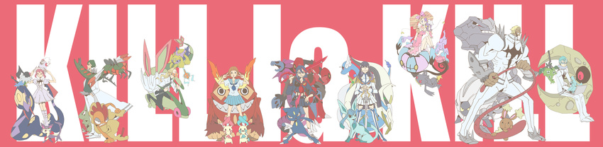 5girls absurdres arceus banette black_hair blonde_hair bow brown_hair buneary chandelure chatot crossover darmanitan dragonair drifloon drill_hair eyepatch flygon galvantula gamagoori_ira gen_1_pokemon gen_2_pokemon gen_3_pokemon gen_4_pokemon gen_5_pokemon glaceon glameow glasses harime_nui hat highres hydreigon inumuta_houka iori_shirou jakuzure_nonon junketsu kill_la_kill kiryuuin_satsuki kotaro_(_toyokawawawa_) labcoat larvitar long_hair long_image lunatone mankanshoku_mako mask matoi_ryuuko mikisugi_aikurou minun multicolored_hair multiple_boys multiple_girls pink_bow pink_hair plusle pokemon pokemon_(creature) rotom sanageyama_uzu school_uniform scissor_blade scizor scrafty senketsu serafuku seviper shako_cap shelgon short_hair sidelocks skirt smile steelix twintails two-tone_hair uniform whip wide_image wormadam wynaut yanmega