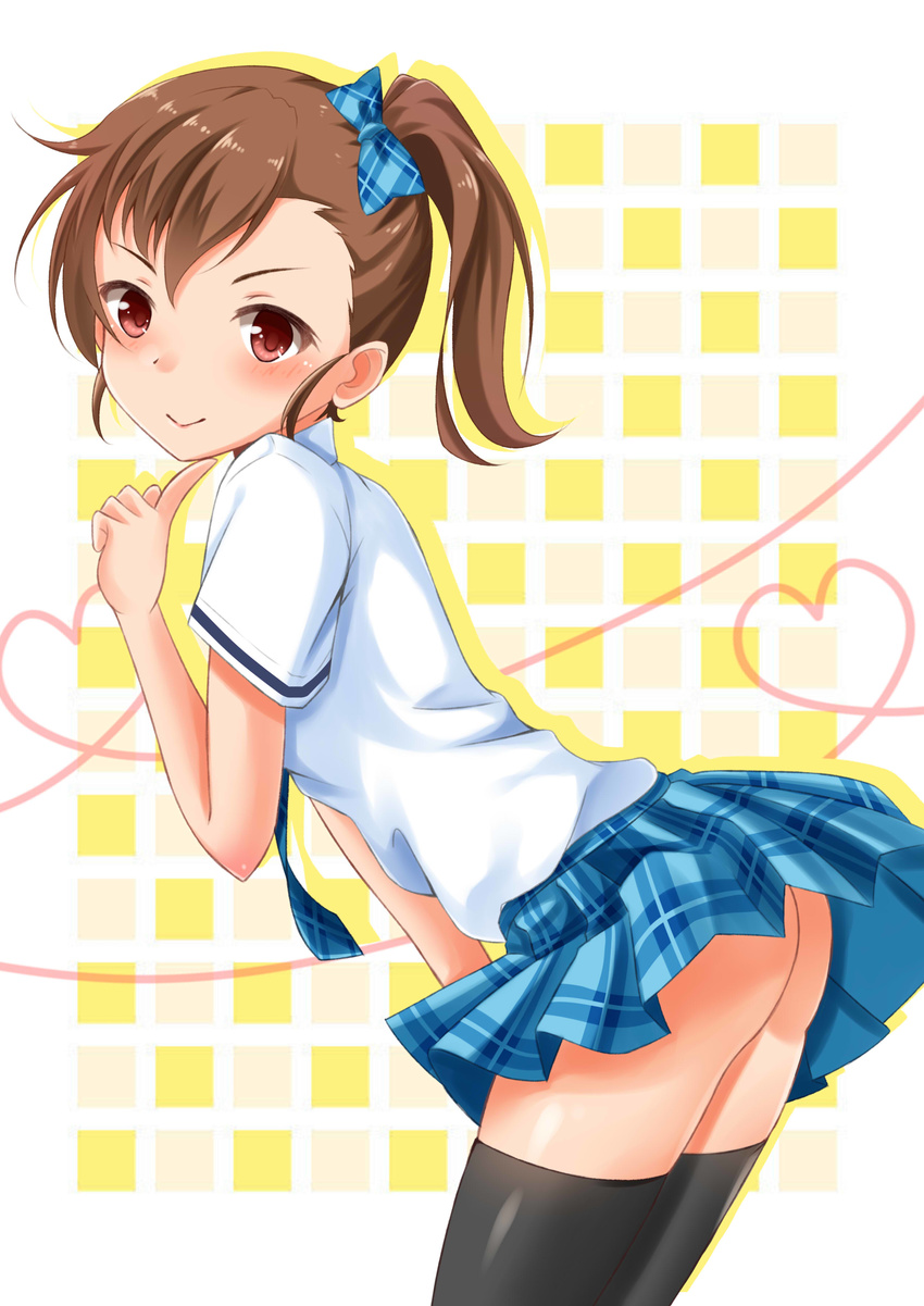 absurdres black_legwear blush bow brown_hair finger_to_chin fuku_d futami_mami hair_bow heart heart_of_string highres idolmaster idolmaster_(classic) leaning_forward plaid plaid_skirt red_eyes rough_time_school school_uniform short_hair side_ponytail skirt smile solo thighhighs