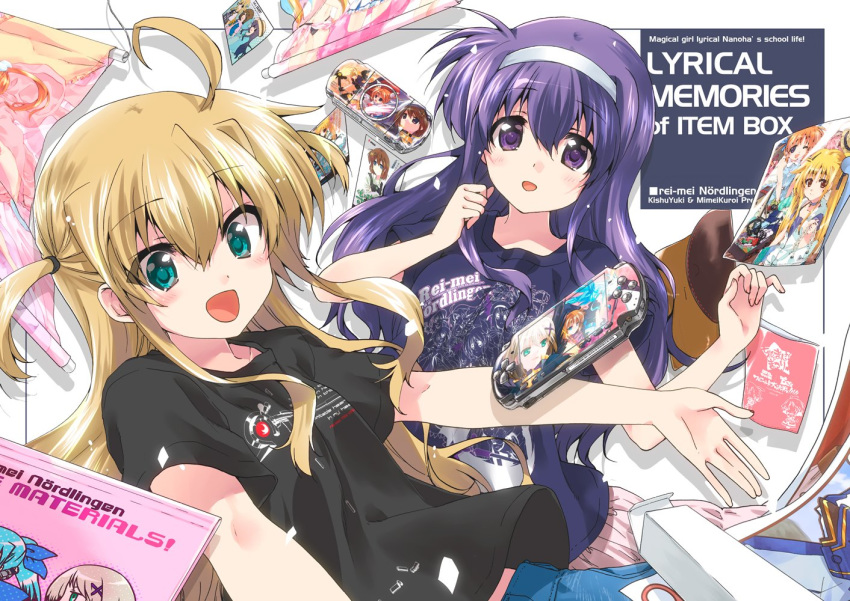 2girls :d ahoge arisa_bannings bangs banner black_skirt blonde_hair blue_eyes blue_skirt book casual circle_name clothes_writing commentary_request copyright_name cover cover_page doujin_cover dress english_text fate_testarossa hair_tie hairband handheld_game_console kuroi_mimei light_blush long_hair looking_at_viewer lyrical_nanoha mahou_shoujo_lyrical_nanoha mahou_shoujo_lyrical_nanoha_a's mahou_shoujo_lyrical_nanoha_a's_portable:_the_battle_of_aces manga_(object) material-d material-l material-s meta multiple_girls open_mouth outside_border outstretched_arms pink_skirt playstation_vita print_shirt purple_eyes purple_hair raising_heart shirt short_dress short_hair skirt smile t-shirt takamachi_nanoha tsukimura_suzuka two_side_up white_hairband yagami_hayate