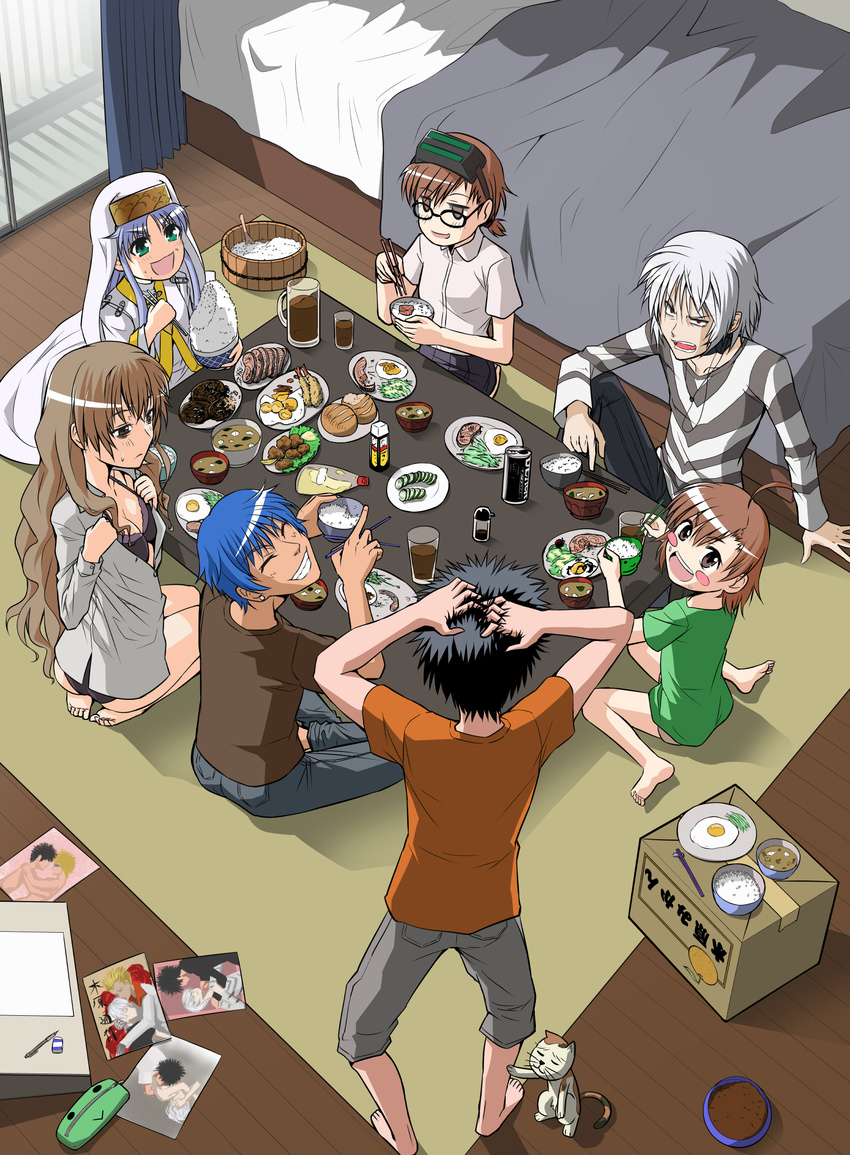 5boys accelerator albino alternate_costume alternate_hairstyle angry animal_hood aogami_pierce arm_support bags_under_eyes barefoot bed bed_sheet bedroom bespectacled black_hair blonde_hair blue_hair blush blush_stickers bowl box bra bread breasts brown_eyes brown_hair calico cat cat_hood choker chopsticks closed_eyes coat coffee_mug cup drawing_board drawings earphones eating egg empty_eyes eraser food food_on_face from_above fujoshi gekota glasses green_eyes grin habit hands_on_own_head head_mounted_display highres holding holding_bowl holding_chopsticks hood index indian_style indoors kamijou_touma kihara_amata kiyama_harumi kneeling labcoat last_order long_hair long_sleeves male_focus medium_breasts mikan_box misaka_imouto mug multiple_boys multiple_girls no_legwear nun ohitsu on_box open_clothes open_coat panties pencil pencil_case pointing pointing_finger red_eyes rice rice_bowl rice_on_face rice_spoon seiza shirt short_hair short_sleeves shorts silver_hair sitting skirt smile smirk soup soy_sauce sphinx_(index) spiked_hair standing t-shirt table to_aru_kagaku_no_railgun to_aru_majutsu_no_index tsuchimikado_motoharu underwear undressing vegetable waiz_(waiz009) wariza wavy_hair white_hair wooden_floor yaoi