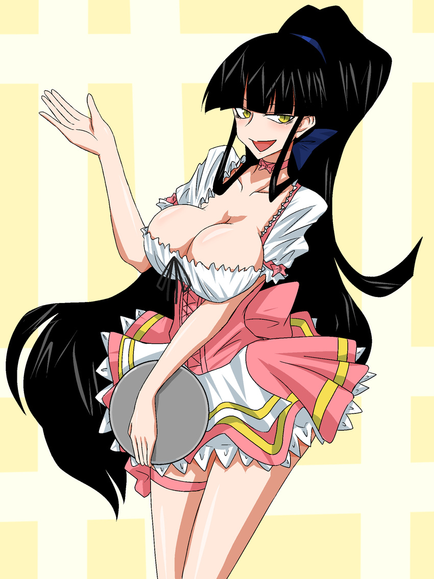 absurdres alternate_hairstyle apron ashcape black_hair bow breasts choker cleavage corset cosplay female_protagonist_(houkago_play) frills highres houkago_play large_breasts long_hair open_mouth ponytail ribbon slit_pupils solo thigh_ribbon tray very_long_hair viper_v16 waist_apron waitress yellow_eyes