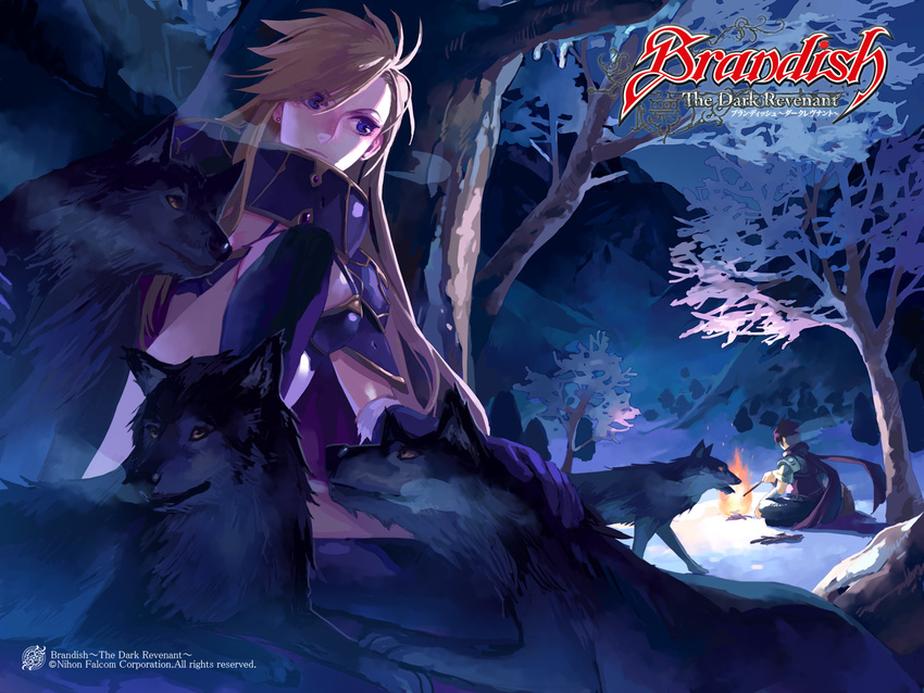 1girl against_tree ares_(brandish) armor artist_request bikini_armor blonde_hair blue_eyes boots bra brandish breasts campfire cape company_name copyright_name dela_delon earrings elbow_gloves firewood forest gloves highres holding jewelry lipstick long_hair looking_at_another makeup medium_breasts nature night official_art open_mouth peeking petting pink_lipstick purple_bra purple_gloves purple_legwear sitting sorceress stick thigh_boots thighhighs tree underwear wolf
