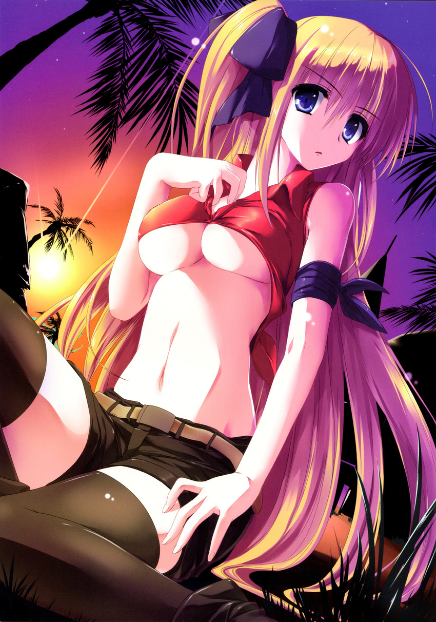 absurdres bad_id bad_yandere_id belt black_legwear blonde_hair blue_eyes breasts coconut_tree dengeki_moeou dutch_angle highres large_breasts long_hair navel original palm_tree scan shirt short_shorts shorts sitting sleeveless sleeveless_shirt solo sunset thighhighs tied_shirt tree tsukinon twilight underboob very_long_hair