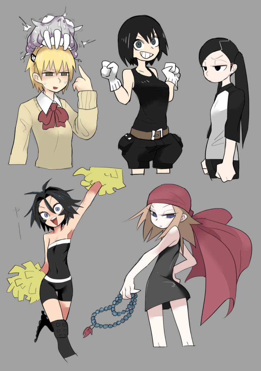 6+girls arm_up black_hair blonde_hair blue_eyes chillarism dress female grey_background grin monster multiple_girls original pom_poms short_hair shorts simple_background smile sweater twintails