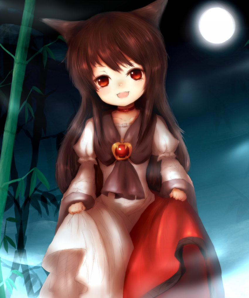 :d amanojaku animal_ears bad_id bad_pixiv_id bamboo brown_hair dress dress_lift fang full_moon highres imaizumi_kagerou jewelry long_hair moon neckerchief night open_mouth red_eyes smile touhou wolf_ears