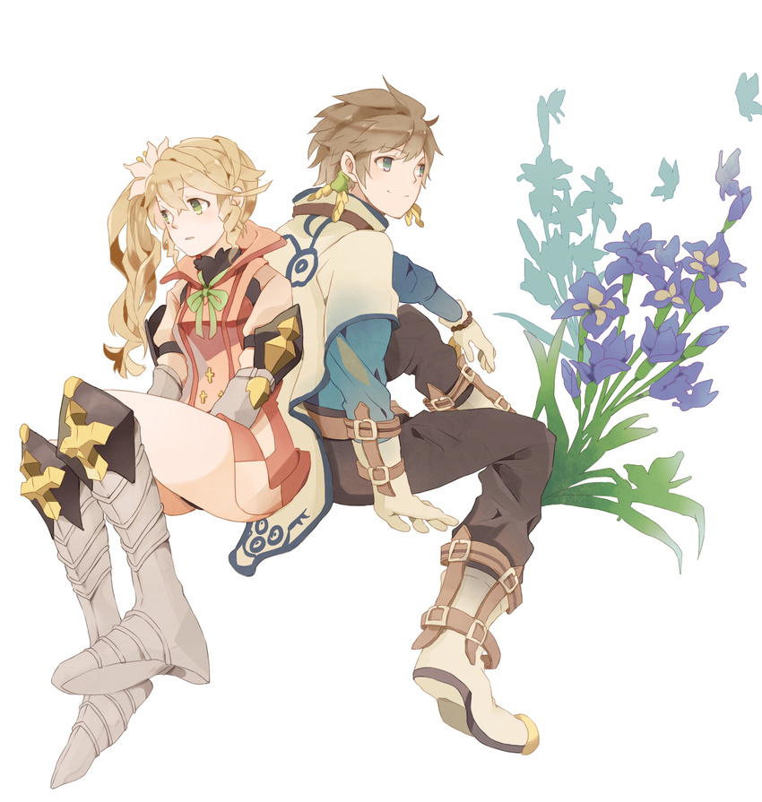 1girl alisha_diphda armor armored_boots bad_id bad_pixiv_id black_pants boots brown_hair flower full_body green_eyes highres jacket knee_boots long_hair pants side_ponytail sitting smile sorey_(tales) tales_of_(series) tales_of_zestiria white_background yachi_kou