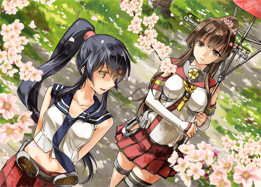 abo_(hechouchou) anchor antennae black_hair breasts brown_eyes brown_hair cherry_blossoms collarbone detached_sleeves flower hair_flower hair_ornament kantai_collection large_breasts long_hair midriff miniskirt multiple_girls navel parasol path ponytail red_skirt road school_uniform serafuku shirt single_thighhigh skirt sleeveless sleeveless_shirt smile thighhighs umbrella very_long_hair yahagi_(kantai_collection) yamato_(kantai_collection)