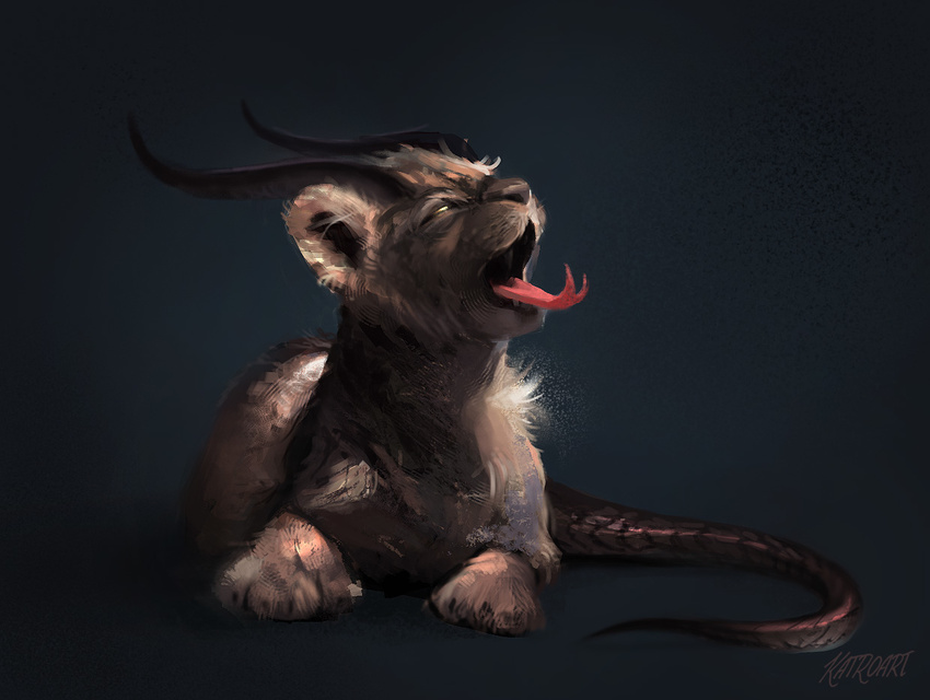 chimera cub cute feline forked_tongue half-closed_eyes horn hybrid katroart mammal open_mouth sitting tongue tongue_out young