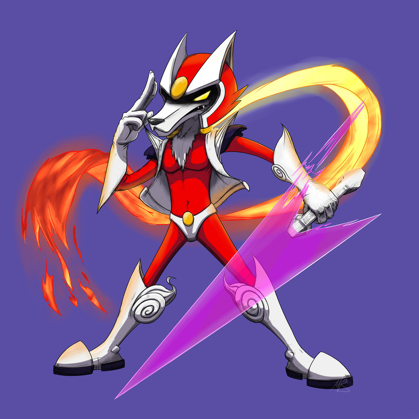 &#332;kami ?kami blue_background canine deity fire fusion gloves helmet male mammal mega_man_(series) plain_background scarf solo sword video_games viewtiful_joe weapon wolf