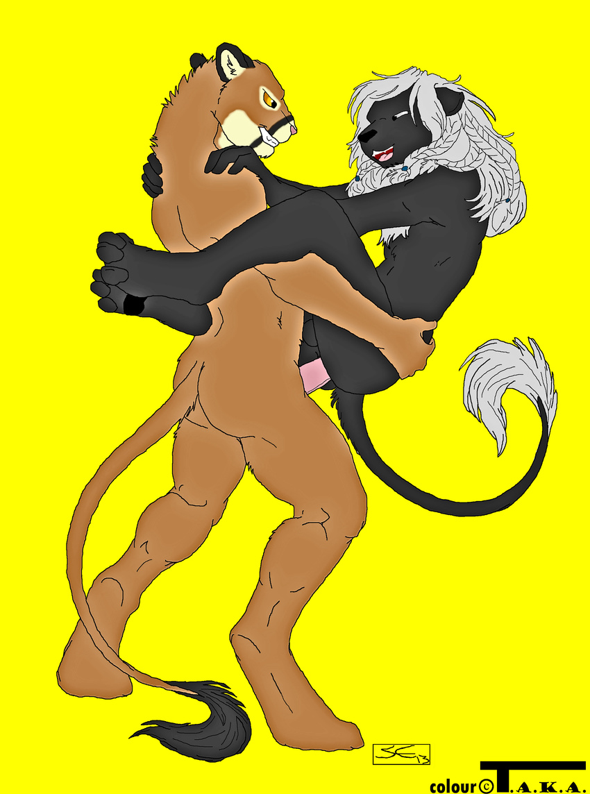 anal_penetration anthro black_fur braid cougar duo feline fur gay happy happy_sex hirple hybrid leg_wrap lion male mammal mane penetration penis sabretoothed_ermine sex silver_hair stand_and_carry_position standing t.a.k.a. t.a.k.a._(artist)