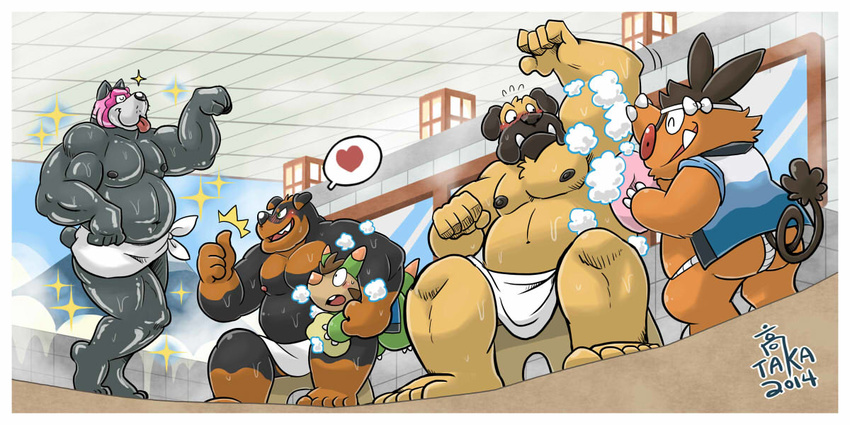 &lt;3 anthro bath bathhouse biceps big_muscles blush boar butt canine chubby dog flexing fundoshi great_dane group hound_(character) kemono male mammal musclegut muscles nintendo pecs pignite pink_clothing pok&#233;mon pok&eacute;mon porcine pose quilladin rottweiler seated shiny soap standing takataka takataka_(character) tongue tongue_out topless towel underwear video_games washing water wet