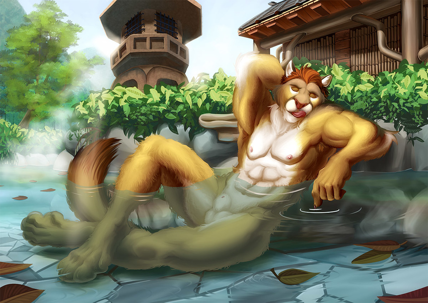 abs alpha0 anthro armpit_hair armpits balls barefoot biceps big_muscles cougar daiten eyes_closed feline fur hair hi_res hot_tub leaves male mammal manly muscles nipples nude outside pecs pose public raised_arm sheath short_hair sitting solo steam tongue tongue_out water wet