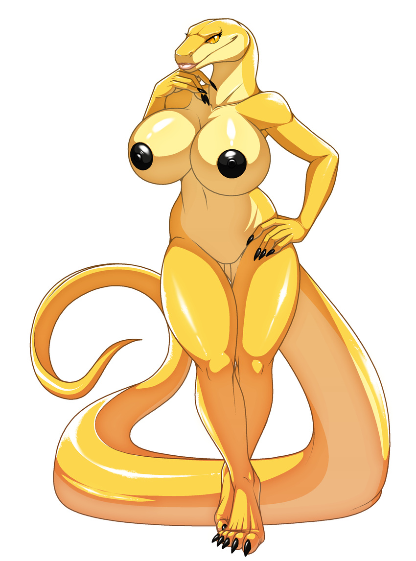 absurd_res alpha_channel big_breasts black_nipples breasts claws female hi_res hindpaw huge_breasts lips looking_at_viewer navel nipples nude orange_eyes paws pink_lips reptile scalie smile snake solo standing thighs walter_sache yellow_skin