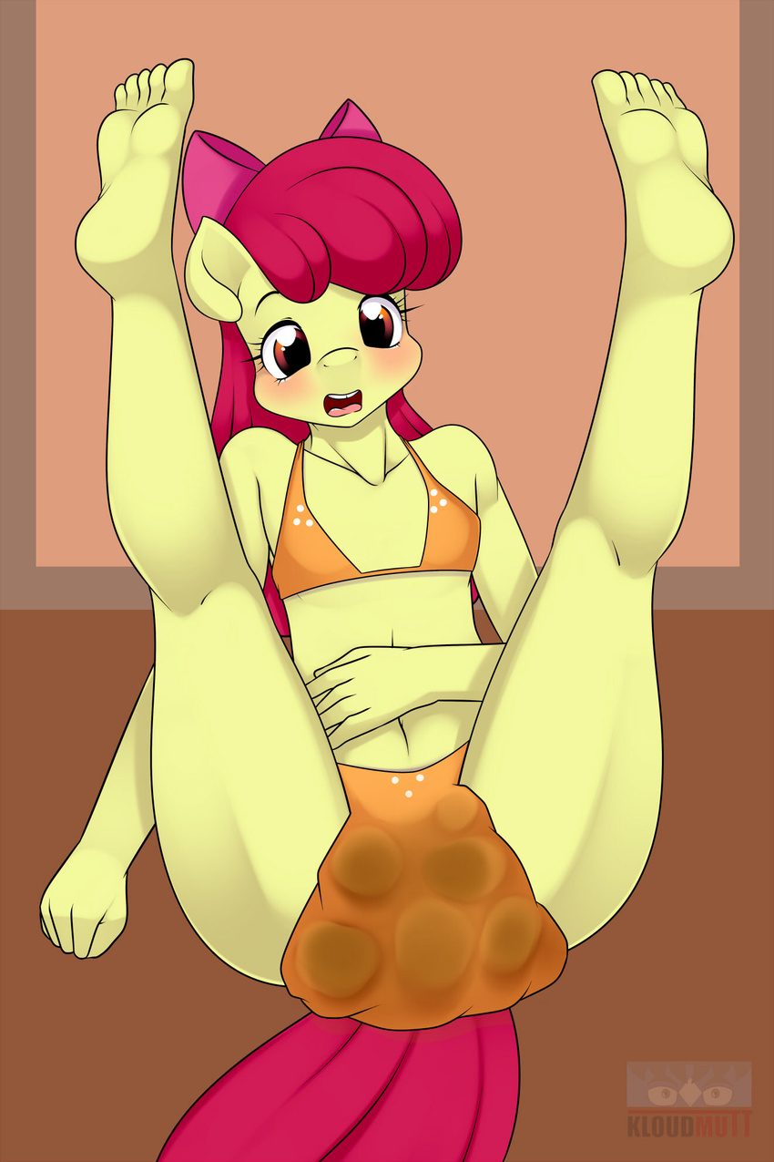 anthro anthrofied apple_bloom_(mlp) blush bow bra equine feces female friendship_is_magic hair horse human_feet kloudmutt legs_up mammal my_little_pony navel open_mouth plantigrade pony red_hair scat solo underwear