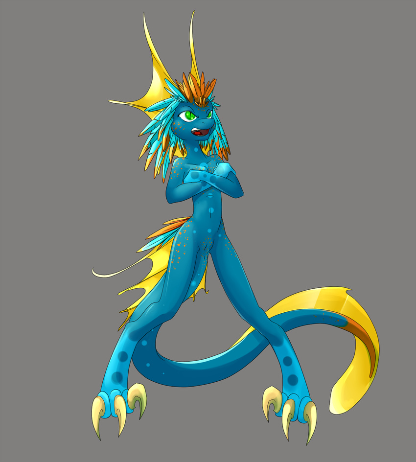 angry anus blue_skin claws crossed_arms digitigrade feathers female kobold navel pussy reptile scalie severus solo
