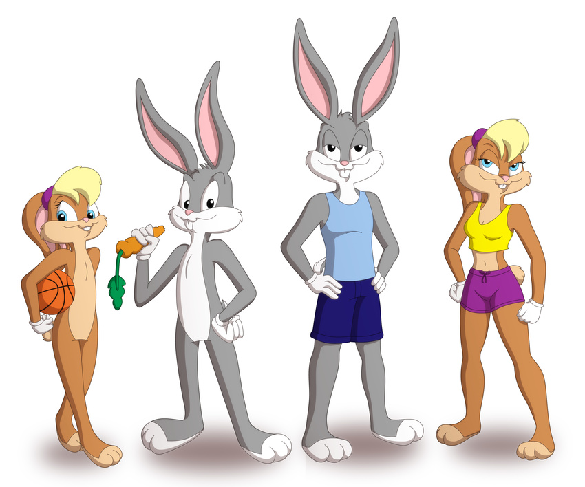 anthro anthrofied blonde_hair blue_eyes breasts brown_fur bugs_bunny cleavage clothed clothing female fur grey_fur group guimontag hair hi_res lagomorph lola_bunny looking_at_viewer looney_tunes male mammal plain_background rabbit shaded shirt shorts space_jam tank_top warner_brothers