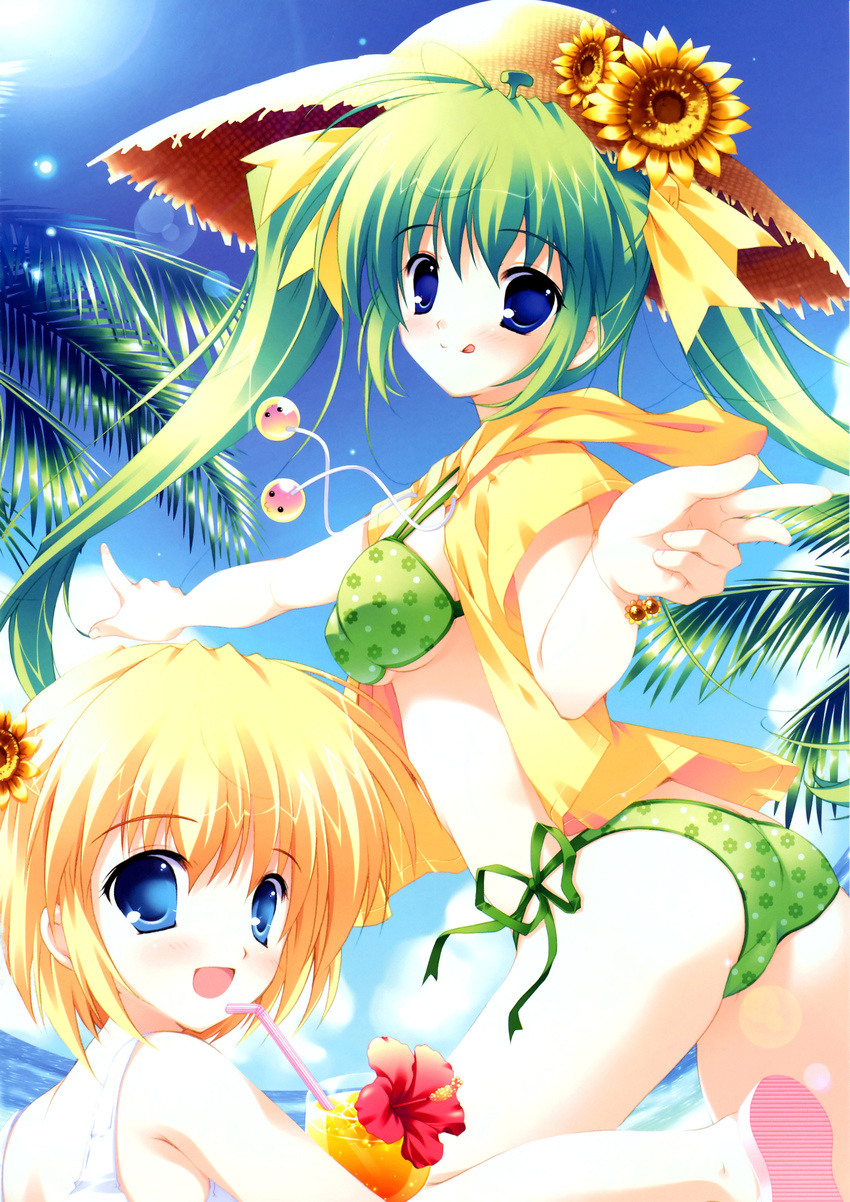 :d :q absurdres ass bikini blonde_hair blue_eyes blush bow green_hair hat highres hood hoodie huge_filesize lemon-chan lens_flare long_hair looking_back melon-chan melonbooks mikeou multiple_girls open_clothes open_mouth open_shirt shirt short_hair side-tie_bikini smile straw_hat swimsuit tongue tongue_out twintails very_long_hair yellow_bow
