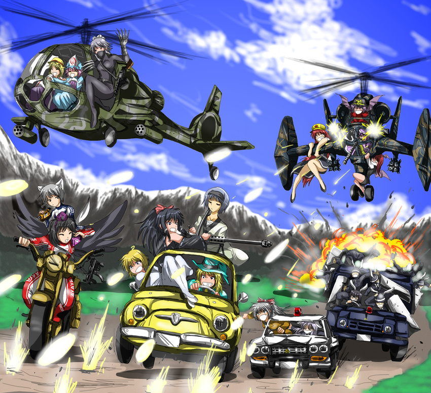 6+girls absurdres aircraft alice_margatroid alternate_costume bad_id bad_pixiv_id black_wings blonde_hair car castle_of_cagliostro contemporary drum_magazine fiat fiat_500 fujiwara_no_mokou green_jacket ground_vehicle gun h&amp;k_mp5 hakurei_reimu heckler_&amp;_koch helicopter highres hong_meiling inaba_tewi inubashiri_momiji izayoi_sakuya jacket junkei katana kirisame_marisa koakuma konpaku_youmu left-hand_drive lupin_iii motor_vehicle motorcycle multiple_boys multiple_girls necktie parody patchouli_knowledge police police_car ppsh-41 reisen_udongein_inaba remilia_scarlet rifle saigyouji_yuyuko shameimaru_aya sheath sheathed submachine_gun swat sword through_window touhou weapon wings yakumo_yukari yellow_neckwear