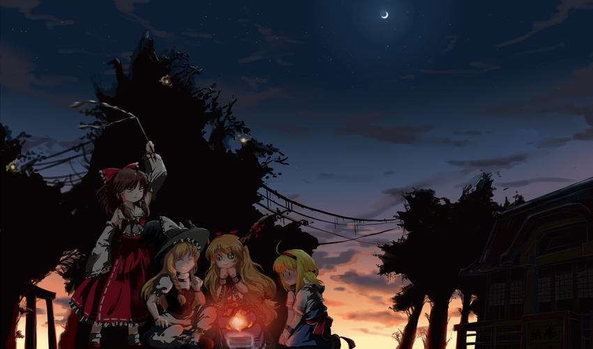 alice_margatroid aruru_no_zaki bare_shoulders blonde_hair bow brown_hair building detached_sleeves dusk hair_bow hakurei_reimu highres house ibuki_suika kirisame_marisa long_hair looking_at_viewer moon multiple_girls night night_sky puffy_short_sleeves puffy_sleeves shanghai_doll short_hair short_sleeves silver_hair sky touhou very_long_hair vest