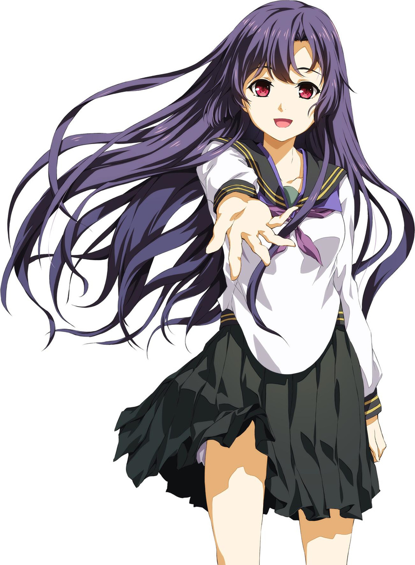 1girl black_skirt collarbone female game_cg long_hair long_sleeves looking_at_viewer open_mouth pink_eyes purple_hair school_uniform sera_mizuki serafuku skirt smile solo soushuu_senshinkan_gakuen_hachimyoujin sousyu_sensinkan-gakuen_hachimyoujin straight_hair white_background