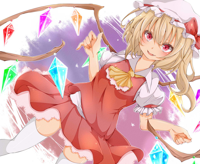 ascot blonde_hair blush fang flandre_scarlet hat long_hair looking_at_viewer mine1225 open_mouth red_eyes side_ponytail skirt smile solo thighhighs touhou white_background wings