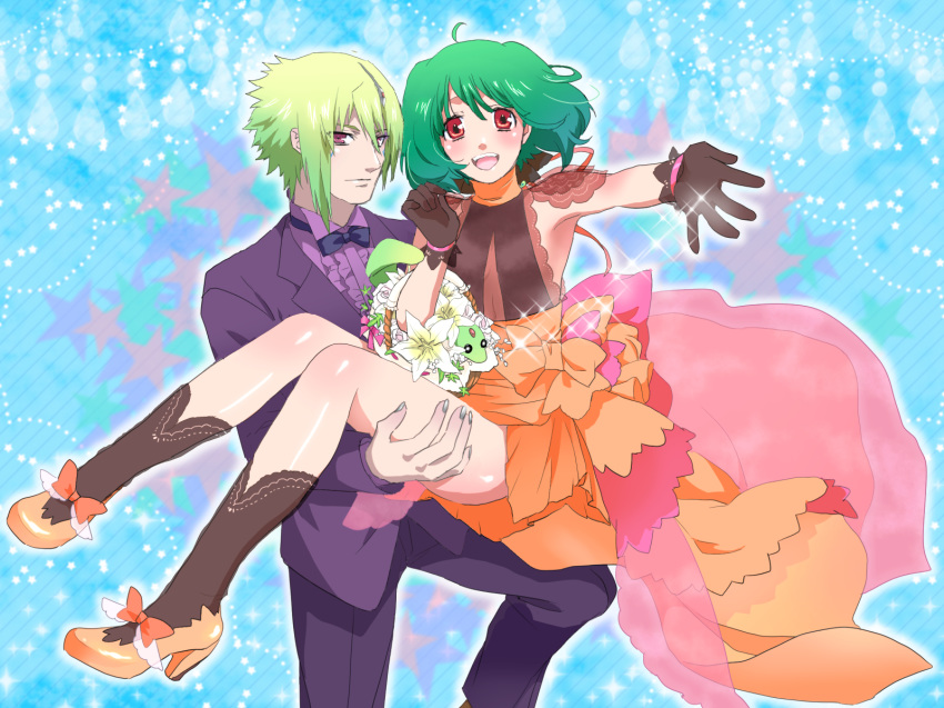 1girl ahoge ai-kun alternate_costume black_gloves bow bowtie brera_sterne brother_and_sister carrying cero_(cerocero) cleavage_cutout dress flower formal gloves green_hair high_heels highres looking_at_viewer macross macross_frontier nail_polish official_style open_mouth orange_dress outstretched_arm princess_carry ranka_lee red_eyes see-through short_hair siblings smile sparkle tuxedo