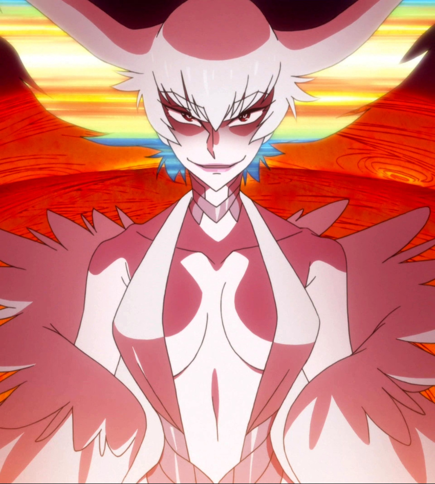 1girl absurdres breasts dress highres kill_la_kill kiryuuin_ragyou long_hair milf red_eyes smile solo standing stitched white_hair