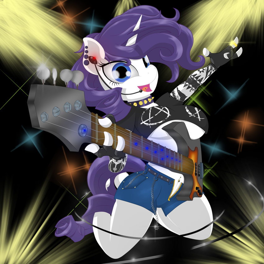 absurd_res anarchy anarchy_symbol anthro anthrofied artknorke blue_eyes breasts chain clothing collar earpiece electric_guitar equine female fingerless_gloves friendship_is_magic gloves glowing guitar hair hi_res horn horse light looking_at_viewer mammal microphone my_little_pony navel piercing pony purple_hair rarity_(mlp) shorts sparkles spiked_collar tattoo under_boob unicorn