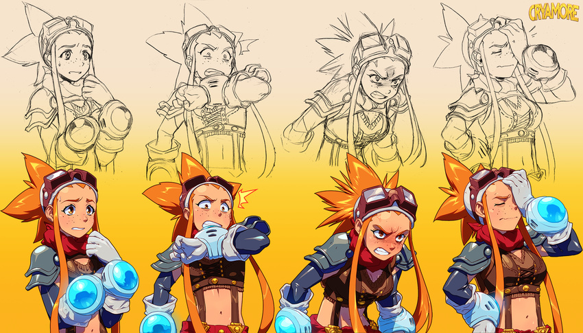 1girl angry blush breasts cryamore cryamore_condenser detached_sleeves duplicate esmyrelda_maximus expressions facepalm freckles gloves goggles goggles_on_head highres long_hair midriff orange_hair pauldrons red_scarf robert_porter scarf shocked_eyes sidelocks solo spiked_hair suspenders sweatdrop zoom_layer