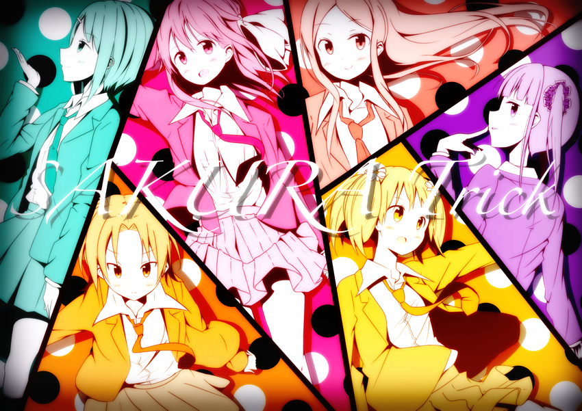 blazer bokkun_(doyagaobyo) copyright_name flower hair_flower hair_ornament hair_ribbon highres iizuka_yuzu ikeno_kaede jacket long_hair minami_shizuku multiple_girls necktie noda_kotone ribbon sakura_trick school_uniform shadow short_hair sonoda_yuu takayama_haruka twintails