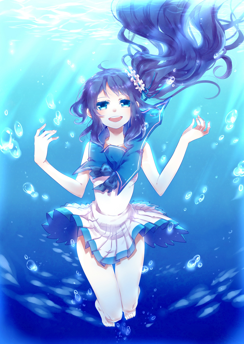 absurdres appleruby blue_eyes blue_hair dress highres hiradaira_chisaki long_hair nagi_no_asukara sailor_dress school_uniform serafuku side_ponytail underwater