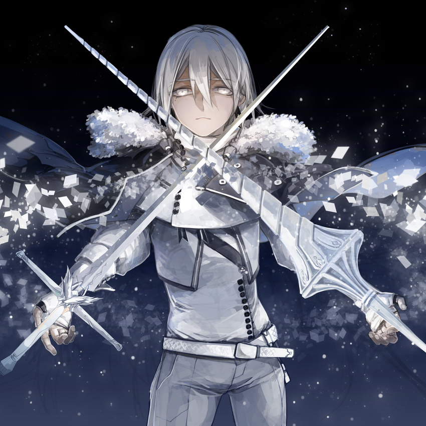 aocean armor belt cloak commentary fingerless_gloves gloves gradient gradient_background grey_hair highres lance male_focus mole night night_sky pixiv_fantasia pixiv_fantasia_fallen_kings polearm silver_(color) silver_eyes silver_hair sky solo sword weapon white_eyes white_hair